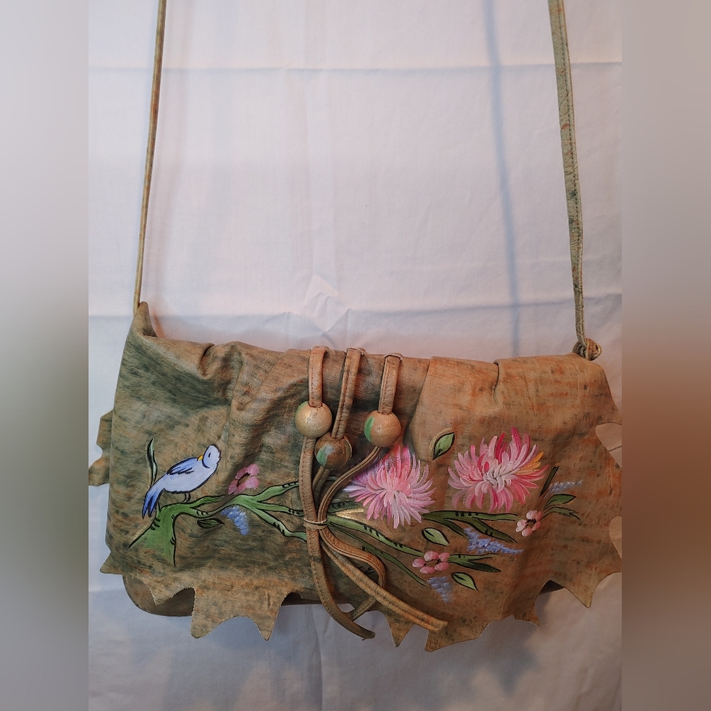Vintage 1980s Hand-Painted Floral & Bluebird Leather Crossbody Bag